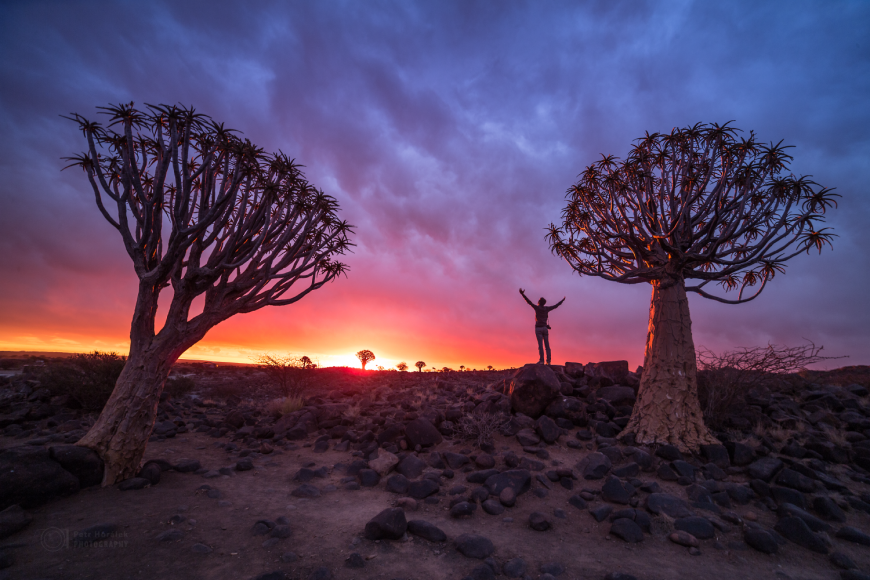 Západ slunce v Quivertree forest v Namibii.