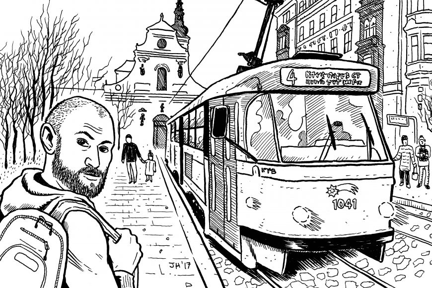 Justin Hall zavzpomínal na svůj podzimní pobyt v Brně vlastní ilustrací s autoportrétem.