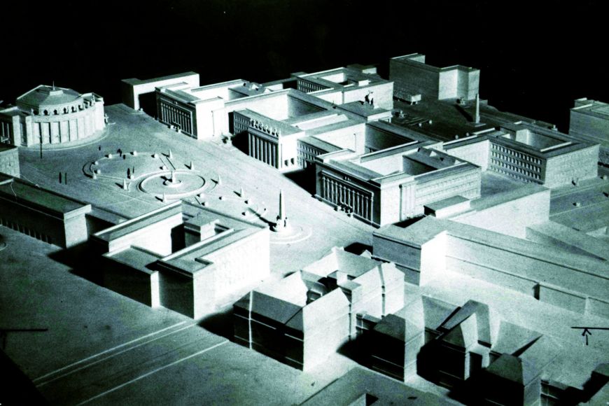 Model Akademického náměstí podle návrhu architekta Aloise Dryáka z roku 1925. Kvůli hospodářské krizi se uskutečnila  jen stavba právnické fakulty.