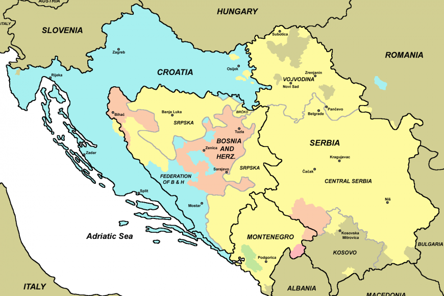 Mapa naznačuje, jakým jazykem se v daných oblastech mluví dominatně. Žlutá: Srbština. Modrá: Chorvatština. Oranžová: Bosenský jazyk. Růžová: Bosňácký jazyk. Zelená: Černohorština. Hnědá: Ostatní jazyky. Poznámka: Bosenský a bosňácky jazyk se někdy používají jako synonyma. Více viz článek.