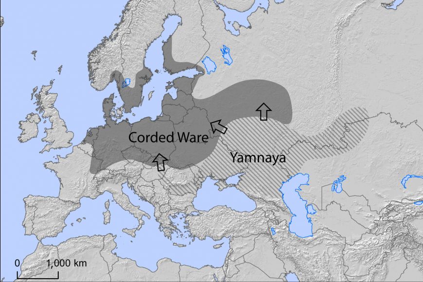 Mapa migrace příslušníků jámové kulturu, která v době bronzové mířila z oblasti Kavkazu do Evropy a části Asie, kde se nacházela kultura se šňůrovou keramikou.