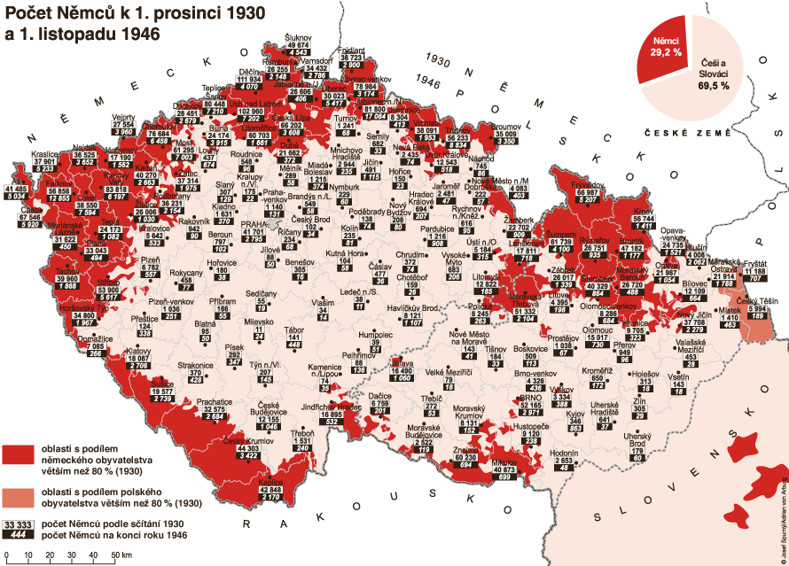 Mapa ukazuje počet Němců v Česku v roce 1930 a 1946